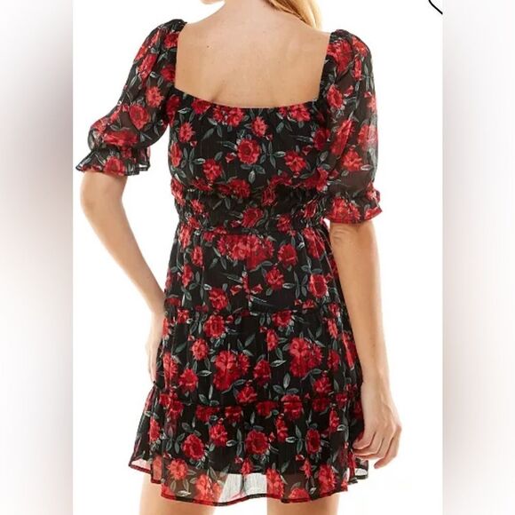 TRIXXI FLORAL RED and BLACK PUFF SLEEVE DRESS- Size MED-NWT - Picture 11 of 14